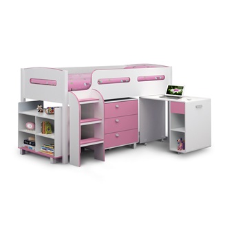  KIDS KIMBO CABIN BED WITH STORAGE in White & Pink Finish