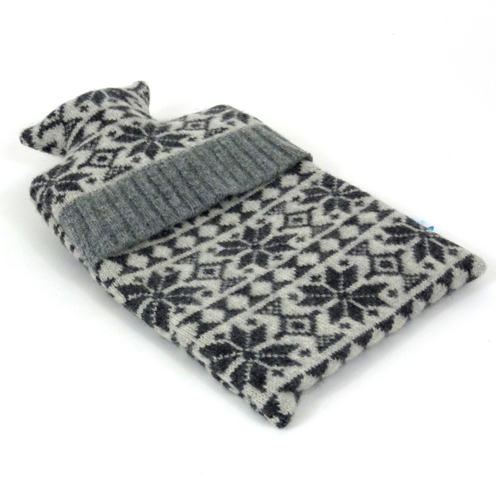 KNITTED LAMBSWOOL HOT WATER BOTTLE COVER Charcoal Snowflake