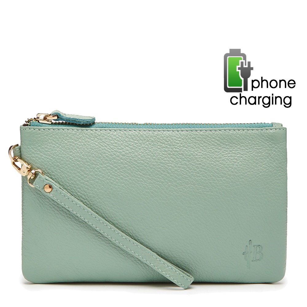 PHONE CHARGING MIGHTY PURSE in Powder Blue Cow Leather