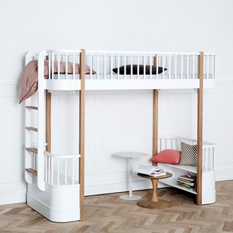 CHILDREN'S LUXURY HIGH LOFT BED in White & Oak with Storage