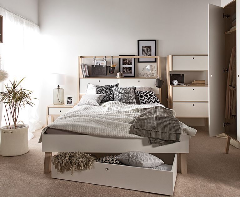 Vox Spot Bed with Cabinet Headboard in White & Acacia