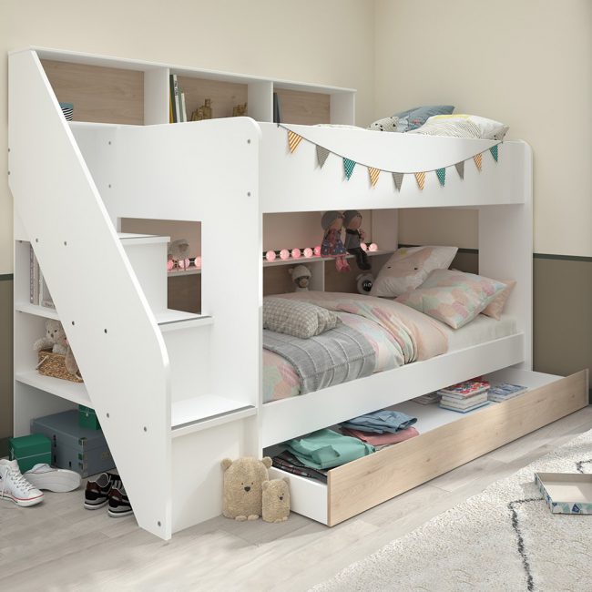 Bibliobed-White-and-Oak-Effect-Kids-Bed-Frame-with-Optional-Trundle