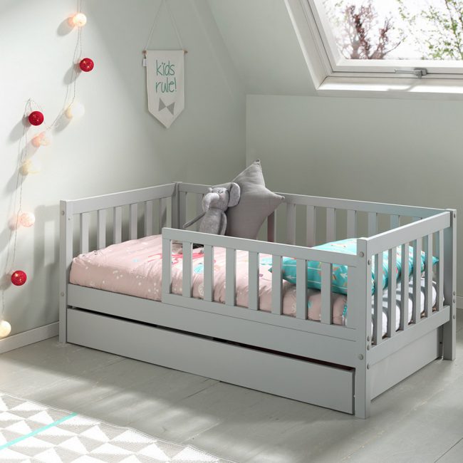 Classic-Toddler-Bed-with-Storage-Drawer-in-Grey