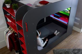 Dark-Grey-Loft-Pod-2-Gaming-Bed-with-Red-Details-from-Trasman