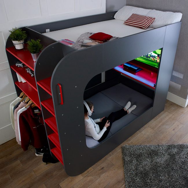 Dark-Grey-Loft-Pod-2-Gaming-Bed-with-Red-Details-from-Trasman