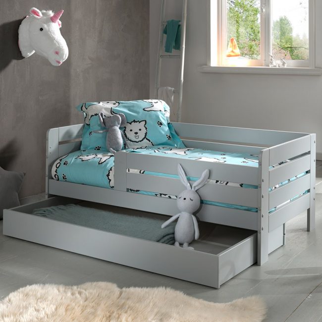 Grey-Junior-Bed-with-Pull-Out-Storage-Drawer
