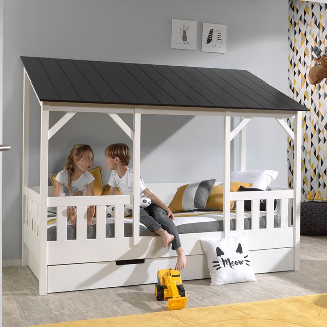 Kids-House-Bed-with-Black-Roof-and-Trundle-Drawer
