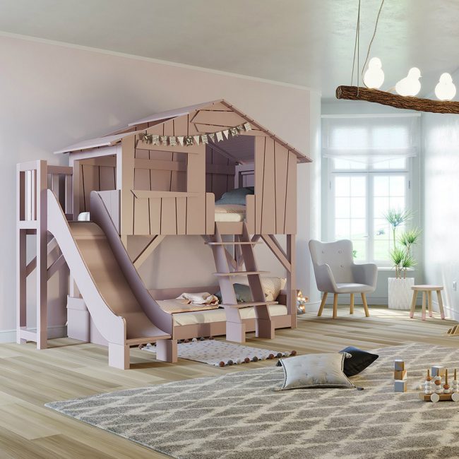 Kids-Treehouse-Bunk-Bed-with-Slide-and-Platform-in-Winter-Pink-from-Mathy-by-Bols