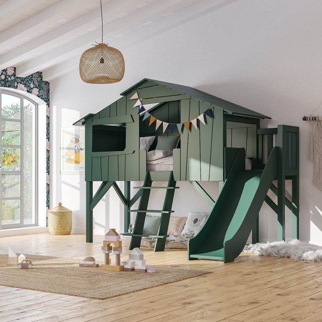 Kids-Treehouse-Cabin-Bed-with-Slide-and-Platform-in-Jungle-Green-from-Mathy-by-Bols