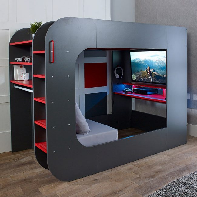LoftPod2-Kids-Gaming-Bed-in-Dark-Grey-and-Red-with-Sofa-Bed