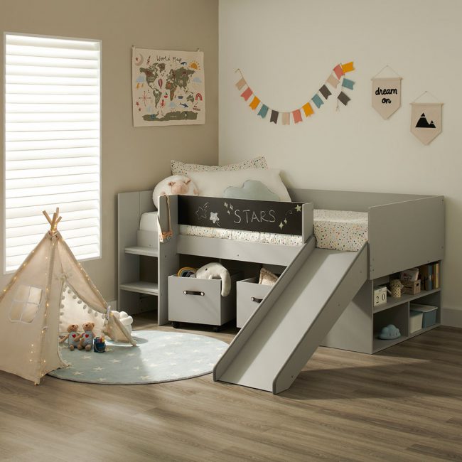 Maxxi-Grey-Kids-Bed-with-Slide-and-Chalkboard-Front