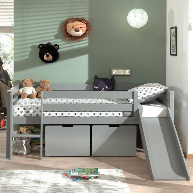 Pino-Grey-Mid-Sleeper-Bed-with-Slide-and-2-Storage-Boxes