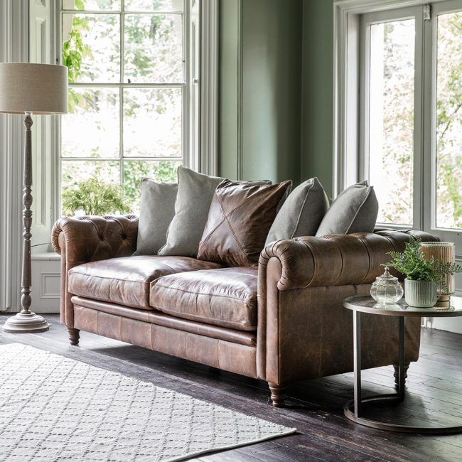 Vintage-Brown-Leather-Chesterfield-Sofa-in-a-Box-with-Fabric-and-Leather-Cushions