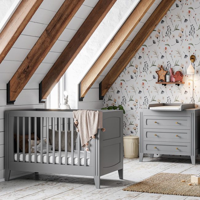 Vox-Milenne-Vintage-Style-Wooden-Cot-Bed-and-Dresser-in-Grey