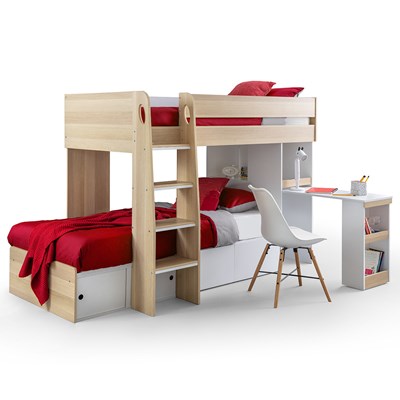 bunk bed with cupboard and desk