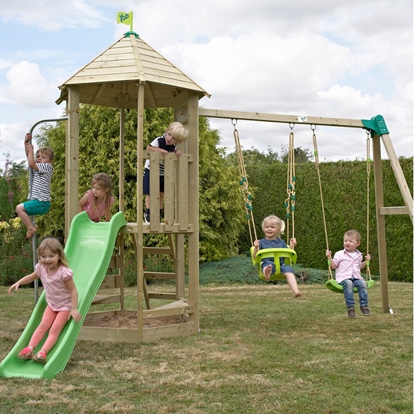 TP TOYS CHILDREN'S CASTLEWOOD TOWER with Swing Set and Wavy Slide
