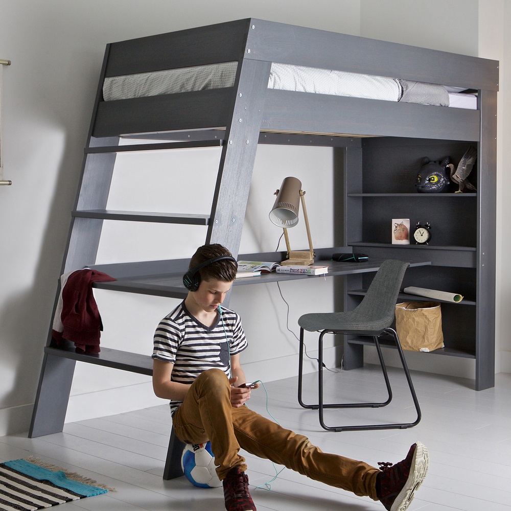 Julien Kids Loft Bed &amp; Desk In Brushed Grey Pine - Woood ...