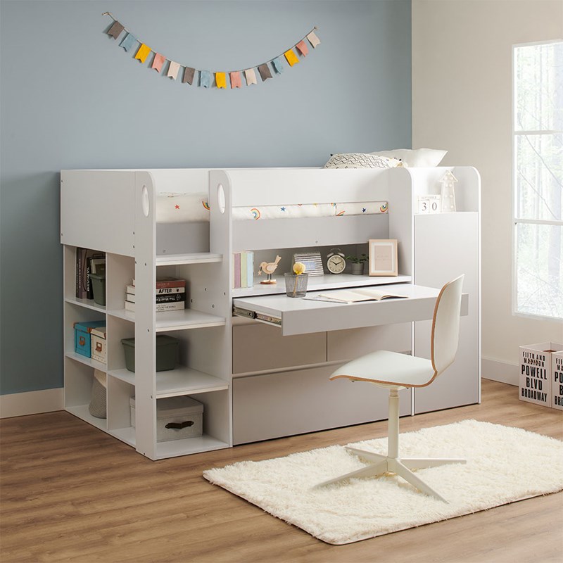 Bailey Kids Cabin Bed with Pull Out Desk, Wardrobe and Storage Shelves