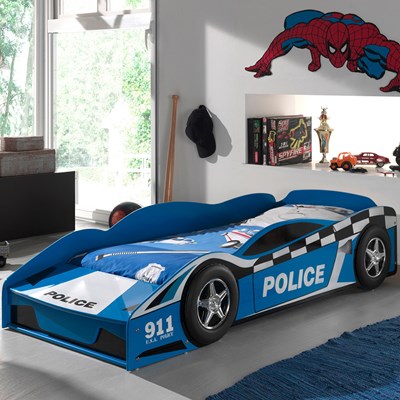 Kids Toddler Bed Police Car Theme Sleep and Play with Attached Guardrails 