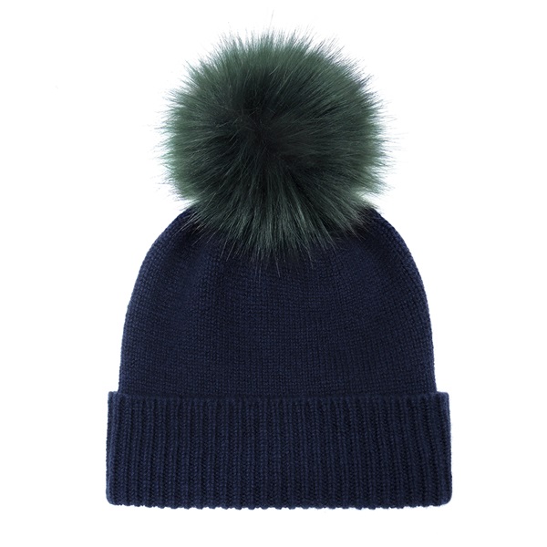 HELEN MOORE CASHMERE POM POM BEANIE HAT in Navy and Spruce