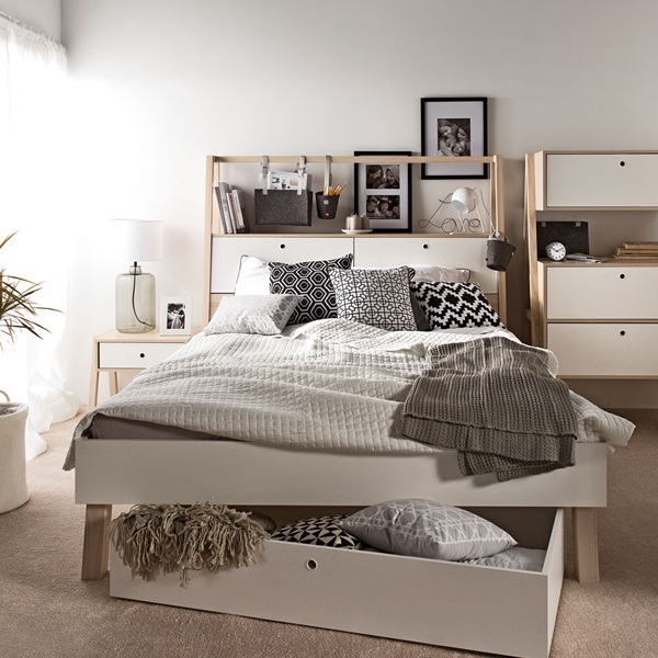  VOX SPOT DOUBLE BED WITH CABINET HEADBOARD in White and Acacia