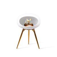 Product photograph of Le Feu Ground Low Rose Gold Edition Bio Ethanol Fireplace In White - Rose Gold Base Smoked Oak Legs from Cuckooland