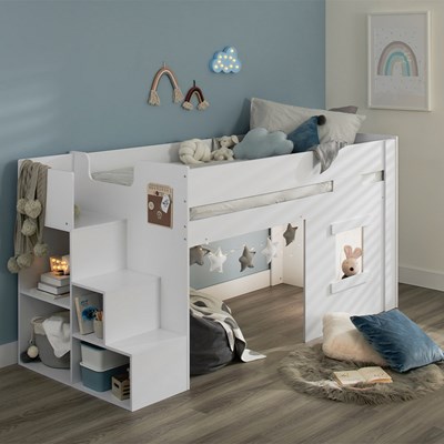 Cabin Bed with Desk and Tent Kids Childrens White or Grey with Mattress Option 