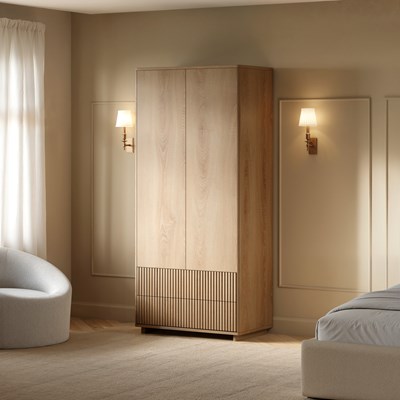 SOLACE+CO Velmor Ribbed Double Wardrobe with Drawers Oak