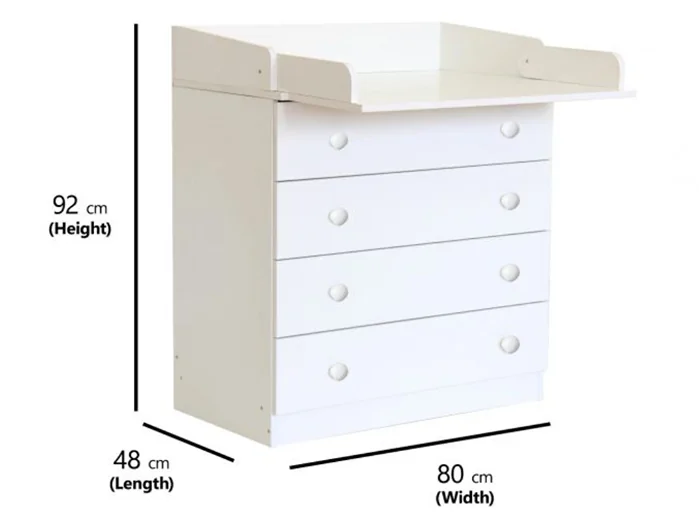 Dimensions diagram: Kidsaw Kudl Kids 4 Drawer Changing Unit with Removable Board White