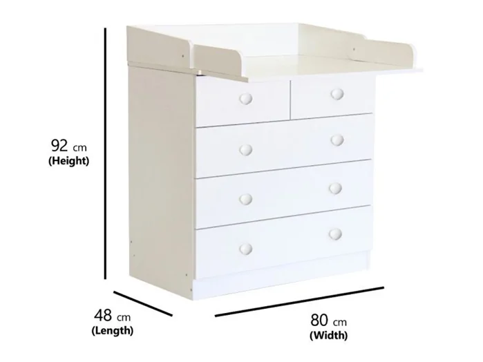 Dimensions diagram: Kidsaw Kudl Kids 5 Drawer Changing Unit with Storage White