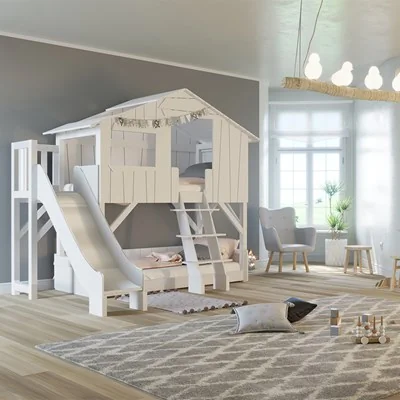 Mathy by Bols Treehouse Bunk Bed with Platform & Slide available in 3 Sizes & 26 Colours