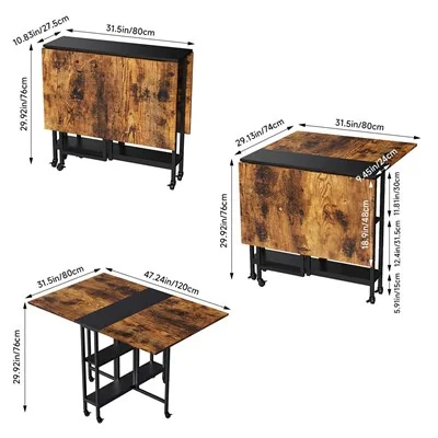 Dimensions diagram: Living & Home Folding Dining Table with Wheels and Storage Shelves