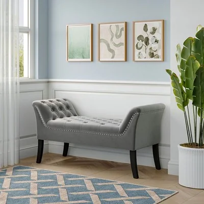 Living & Home Grey Armed Velvet Buttoned Bed Bench
