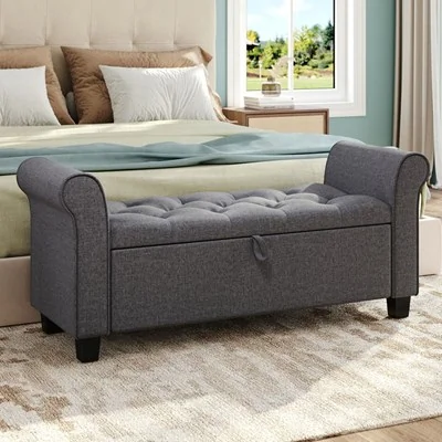 Living & Home Linen Splayed Armrest Storage Ottoman Bench Chaise