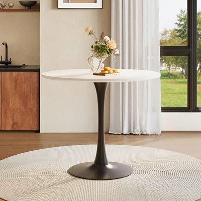 Living & Home Modern Round Wooden Table with Metallic Base