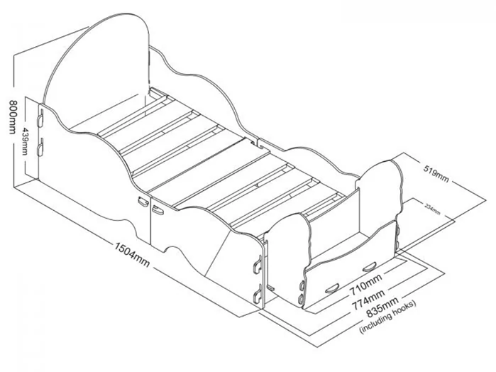 Dimensions diagram: Kidsaw Horse and Carriage Princess Toddler Bed with Toy Box