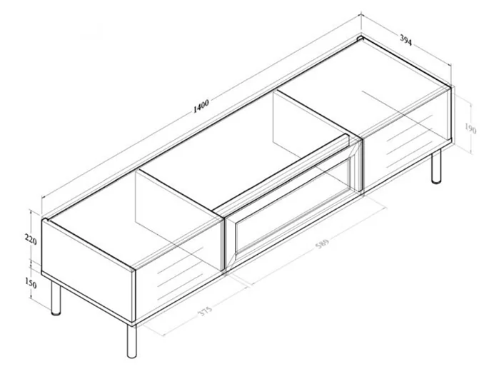Dimensions diagram: Kidsaw LV51 140cm TV Cabinet with Rattan Storage Mid Oak