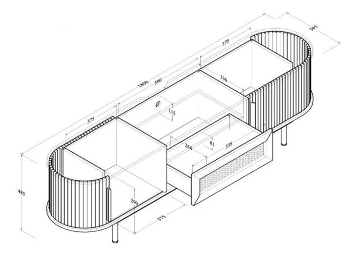 Dimensions diagram: Kidsaw LV55 Curved TV Stand with Storage Light Oak 180cm