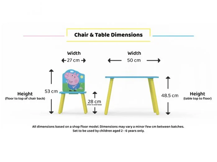 Dimensions diagram: Kidsaw Peppa Pig Activity Table and Chairs Set