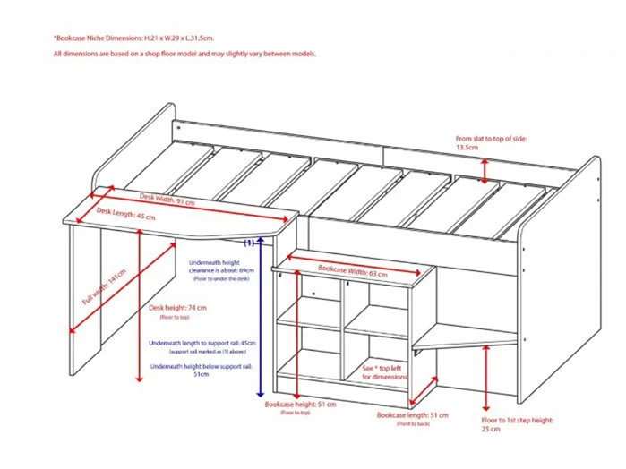 Dimensions diagram: Kidsaw Pilot Single Cabin Bed with Desk & Bookcase