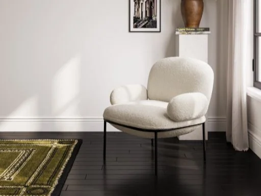 LPD Avery Sherpa accent chair with black metal frame and curved arms
