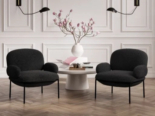 LPD Avery Sherpa accent chair with black metal frame and curved arms