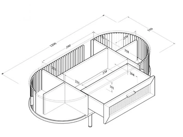 Dimensions diagram: Kidsaw LV55 Oval Coffee Table with Storage Light Oak