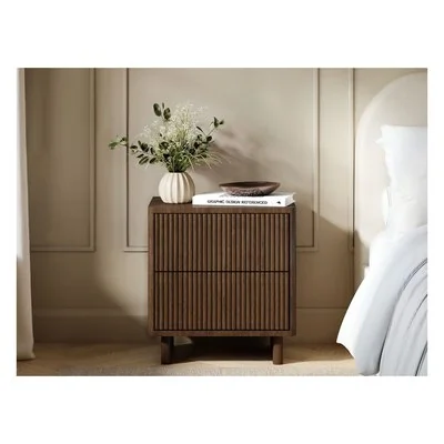 SOLACE+CO Velmor 2 Drawer Ribbed Bedside Table Walnut