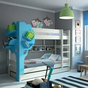 Dominique bed with tree bookself blue