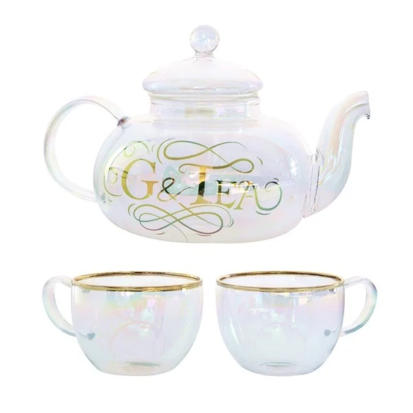 Quality rainbow tinted glass teapot and teacups