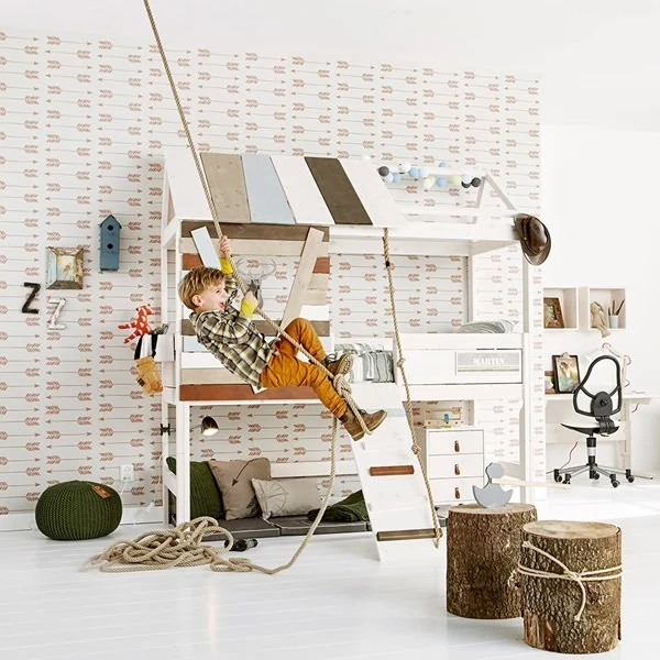 High treehouse kids bed with rope ladder