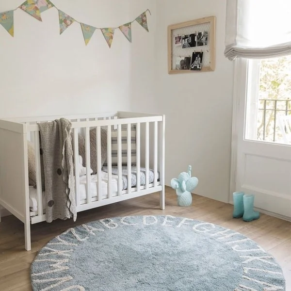 Baby blue nursery alphabet round rug
