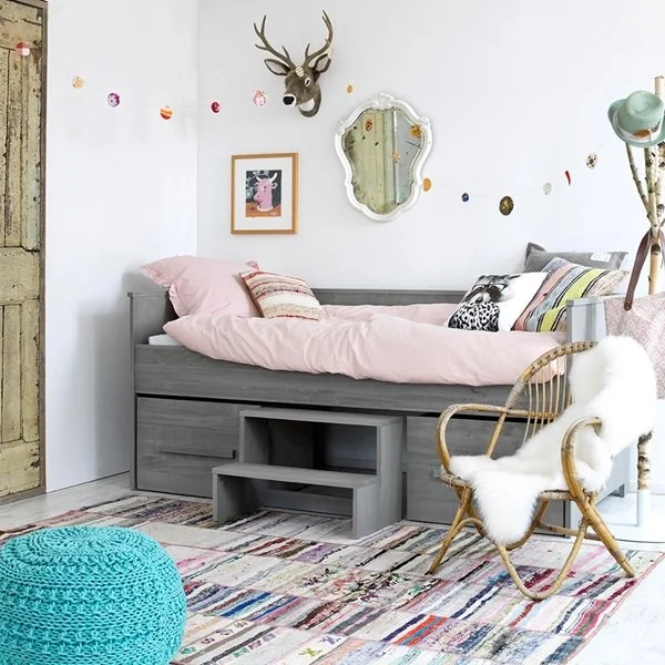 Grey childrens cabin bed with underbed storage