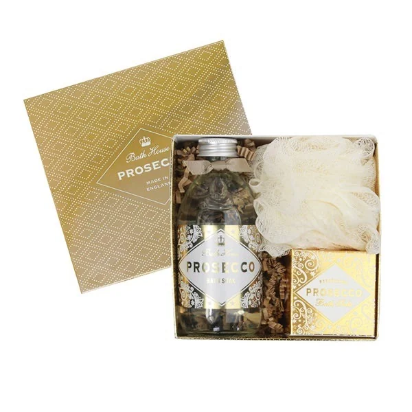 Gold prosecco gift box bath set